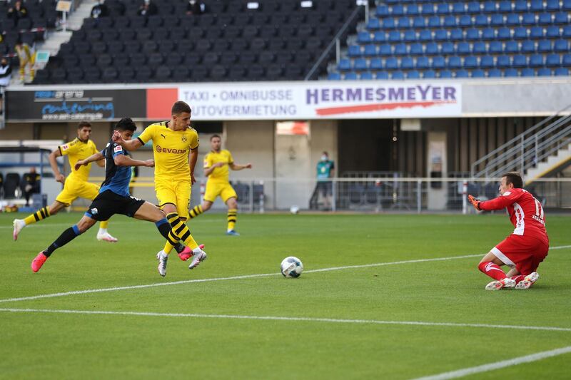 Thorgan Hazard of Borussia Dortmund shoots on goal at the Benteler Arena. Getty