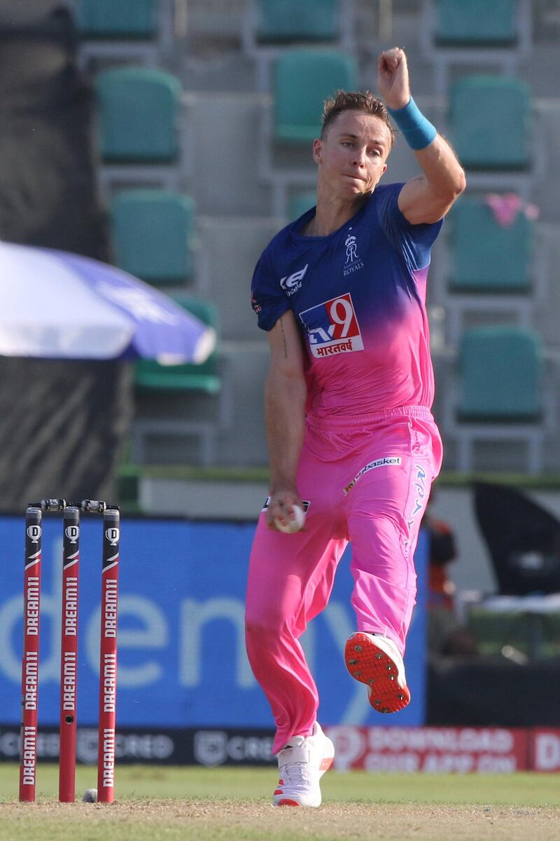 Tom Curran of Rajasthan Royals bowls plays a shot during match 15 of season 13 of Indian Premier League (IPL) between the Royal Challengers Bangalore and the Rajasthan Royals at the Sheikh Zayed Stadium, Abu Dhabi  in the United Arab Emirates on the 3rd October 2020.  Photo by: Pankaj Nangia  / Sportzpics for BCCI