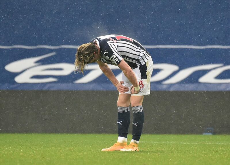 WEST BROMWICH, ENGLAND - DECEMBER 06: Conor Gallagher of West Bromwich Albion looks dejected following the Premier League match between West Bromwich Albion and Crystal Palace at The Hawthorns on December 06, 2020 in West Bromwich, England. The match will be played without fans, behind closed doors as a Covid-19 precaution. (Photo by Rui Vieira - Pool/Getty Images)