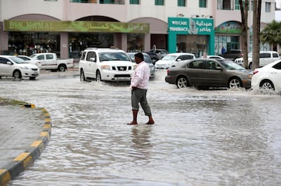 Ras Al Khaimah, United Arab Emirates - April 14, 2019: Flooding after a heavy night of rain in Ras Al Khaimah. Sunday the 14th of April 2019. Near the Oyster roundabout, Ras Al Khaimah. Chris Whiteoak / The National
