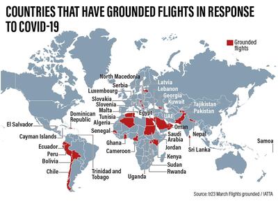 Flights are grounded in 50 countries around the world. Graphic Roy Cooper