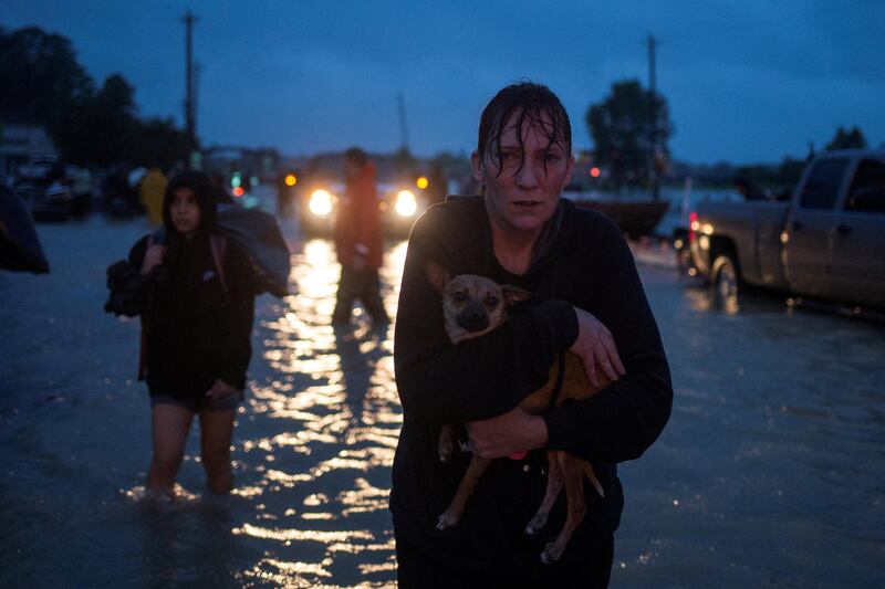 A woman holds her dog as she arrives to high ground after evacuating her home due to floods caused by Tropical Storm Harvey along Tidwell Road in east Houston, Texas, U.S. August 28, 2017. REUTERS/Adrees Latif     TPX IMAGES OF THE DAY