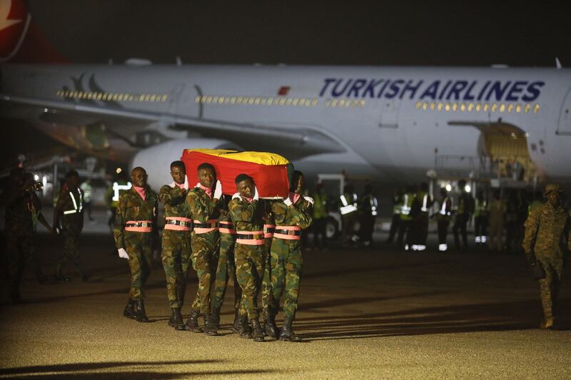 The coffin of former Ghana international football player Christian Atsu, who died in the earthquake in Turkey, arrives at the Kotoka International Airport in Accra in Ghana. AFP