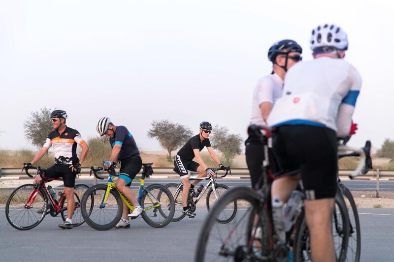 DUBAI, UNITED ARAB EMIRATES - May 31 2019.
Cyclists on Al Qudra track start their ride at 6 am this morning. (Photo by Reem Mohammed/The National)

Reporter: 
Section: NA