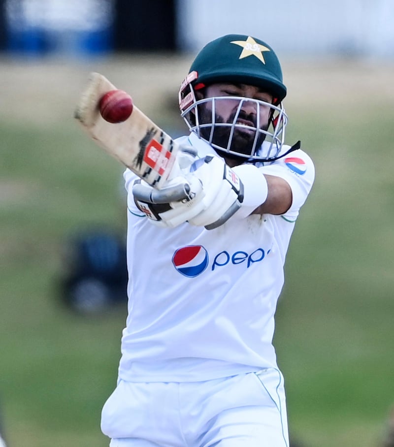 Pakistan captain Mohammad Rizwan plays a pull shot. AP
