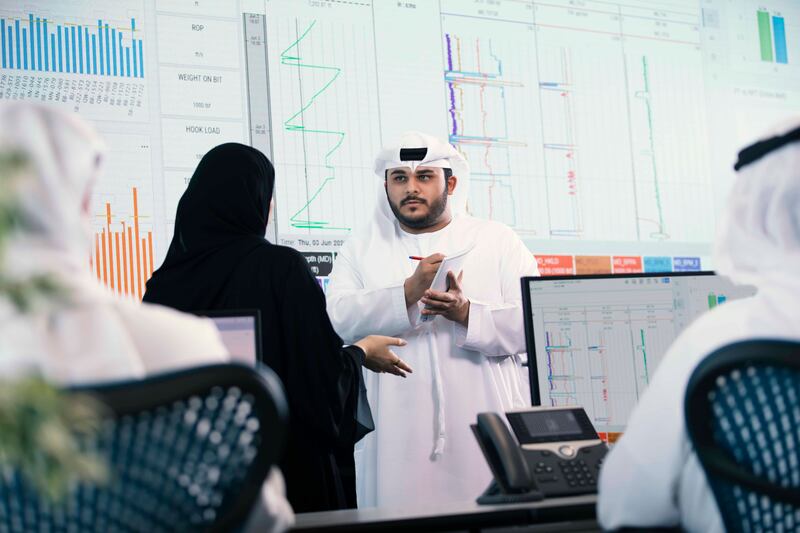 24/7 monitoring at Adnoc's Digital Real Time Monitoring Centre (RTMC) can remotely monitor up to 120 rig sites simultaneously, enabling a 30 per cent reduction in well duration and contributing to drilling-related savings of $1 billion between 2016 and 2019. Photo: Adnoc