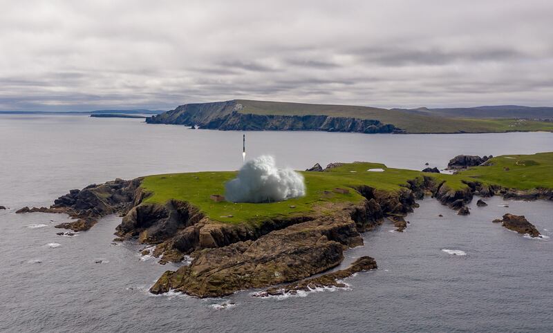 A computer-generated image from SaxaVord spaceport of a rocket taking off from Unst, in the Shetland Islands. PA