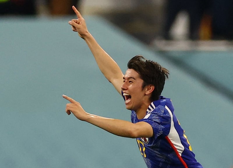 Ao Tanaka celebrates scoring Japan's second goal in the 2-1 Group E win against Spain at Khalifa International Stadium, Doha, on December 1, 2022. Reuters