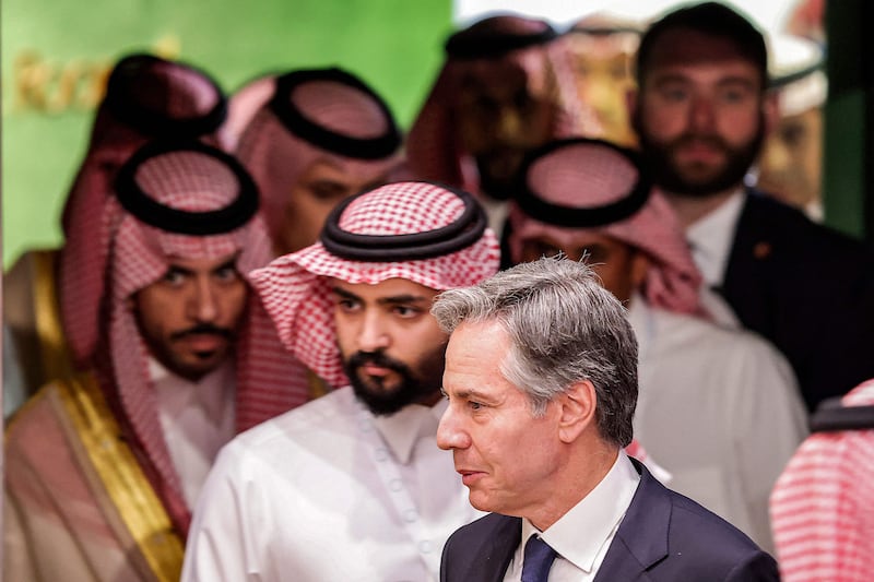 Mr Blinken appears during a joint press conference in Riyadh. AFP