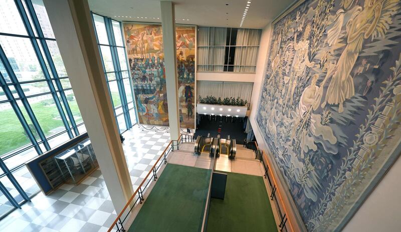 The United Nations GA Hall is seen empty in New York on September 18, 2020.  AFP