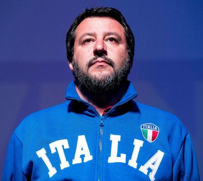 Italian Deputy Premier and Interior Minister, Matteo Salvini, addresses a rally in Rome, Sunday, May 5, 2019. (Angelo Carconi/ANSA via AP)