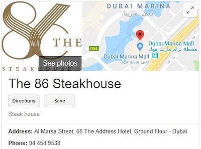 A listing for the 86 Steakhouse has appeared on Google with the same phone number and address at Ruth's Chris Steak House. 