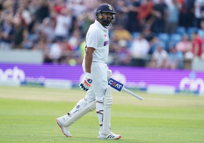 India's Rohit Sharma reacts as he walks off the field after losing his wicket in Leeds. AP