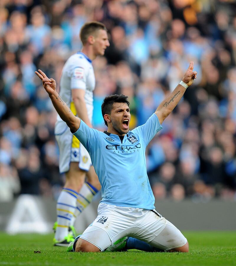 Sergio Aguero celebrates after scoring for Manchester City in the FA Cup game against Leeds United in February, 2013. PA