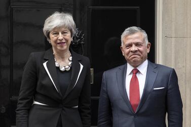 British Prime Minister, Theresa May, greets King Abdullah II of Jordan outside number 10 Downing Street on February 28, 2019 in London, England. Getty Images