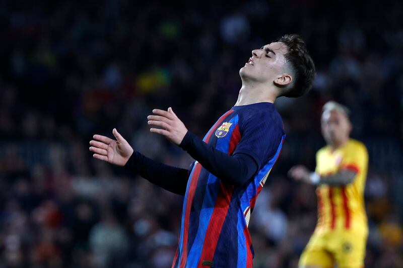 Barcelona's Gavi reacts after a missed scoring opportunity. AP Photo