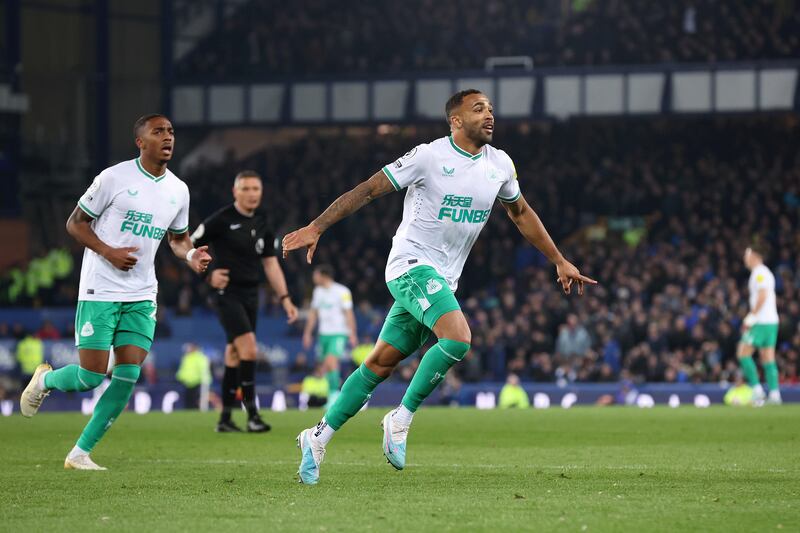 Callum Wilson celebrates after scoring his second and Newcastle's third goal. Getty