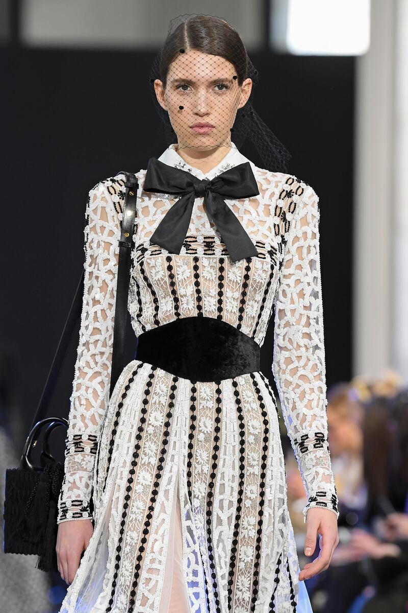 PARIS, FRANCE - FEBRUARY 29: (EDITORIAL USE ONLY) A model walks the runway during the Elie Saab show as part of the Paris Fashion Week Womenswear Fall/Winter 2020/2021 on February 29, 2020 in Paris, France. (Photo by Pascal Le Segretain/Getty Images)