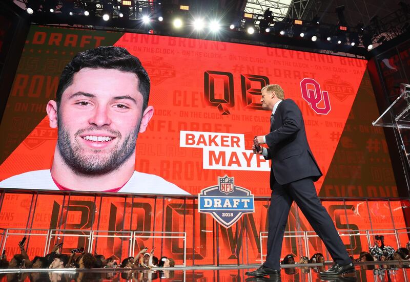 Apr 26, 2018; Arlington, TX, USA; NFL commissioner commissioner Roger Goodell walks off stage as Baker Mayfield is selected as the number one overall pick to the Cleveland Browns in the first round of the 2018 NFL Draft at AT&T Stadium. Mandatory Credit: Matthew Emmons-USA TODAY Sports