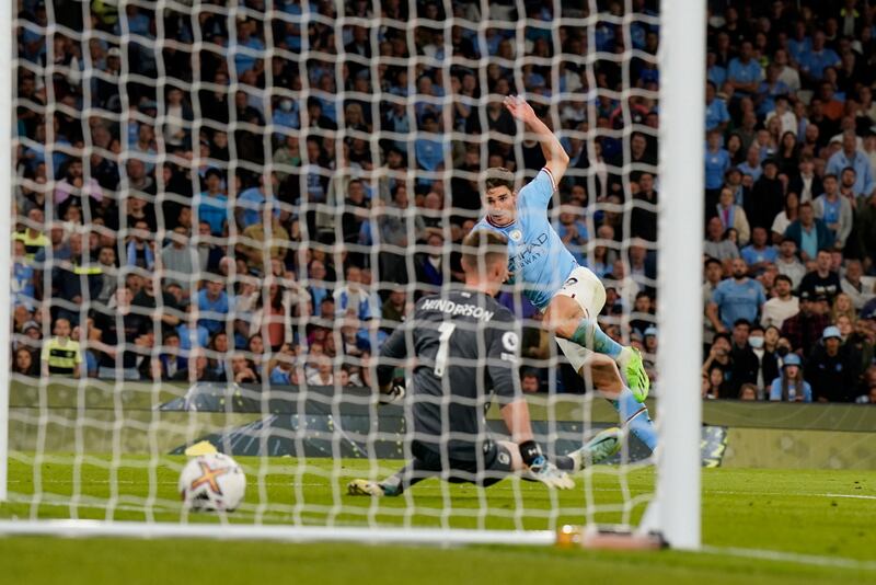 Julian Alvarez scores Manchester City's fifth goal. EPA