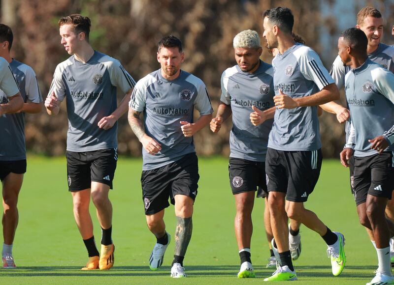 Lionel Messi and Sergio Busquets of Inter Miami train with teammates at Florida Blue Training Center. AFP