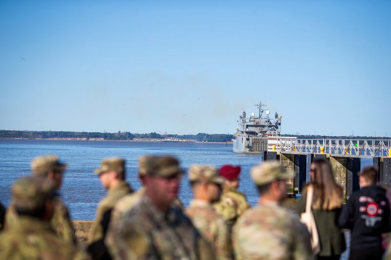 A US Army ship sails from Joint Base Langley-Eustis in Hampton, Virginia, to take part in the Gaza pier mission. AP