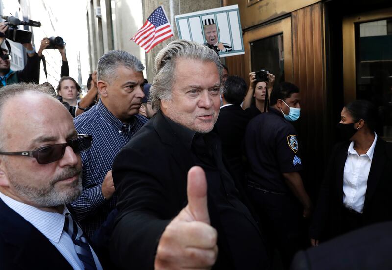 Former White House chief strategist in the Trump administration Steven Bannon arrives at Manhattan district attorney's office to surrender himself to authorities in New York. EPA