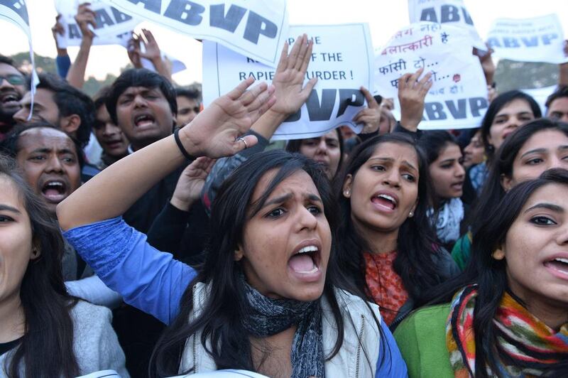 Indian demonstrators during a rally in New Delhi on December 20, 2015, held to protest the release of a juvenile rapist who completed three years in jail.  The attacker was the youngest of a group of men who brutally assaulted a 23-year-old student on a bus in 2012, triggering global outrage and protests in India over the country’s high levels of violence against women.  Chandan Khanna/AFP Photo