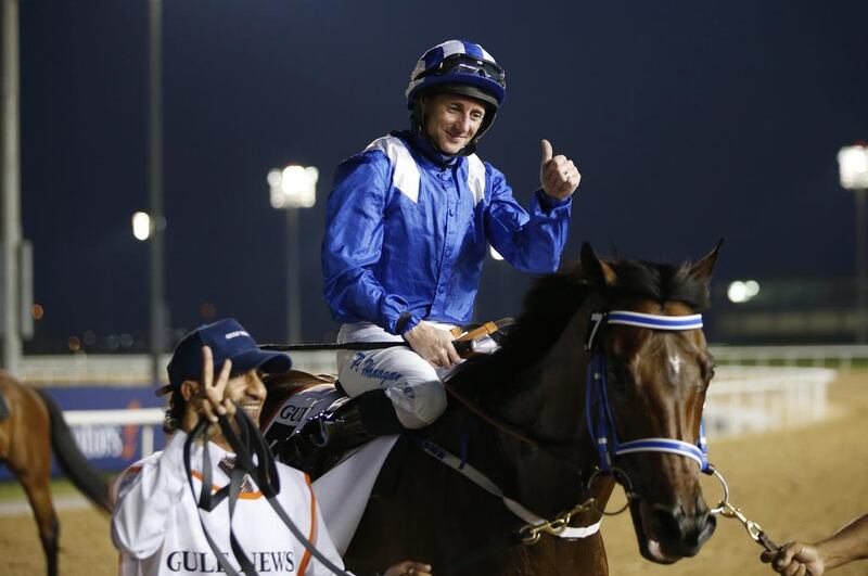 Paul Hanagan on Muarrab from Great Britain celebrates after winning the Dubai Golden Shaheen race during the Dubai World Cup 2016 at the Meydan race course in Gulf emirate of Dubai, United Arab Emirates, 26 March 2016. The Dubai World Cup is one of the richest events in the horse racing sporting calendar.  EPA/ALI HAIDER