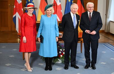 From left, King Charles III and Queen Consort Camilla with German President Frank-Walter Steinmeier and his wife Elke Buedenbender at Schloss Bellevue on March 29. Getty