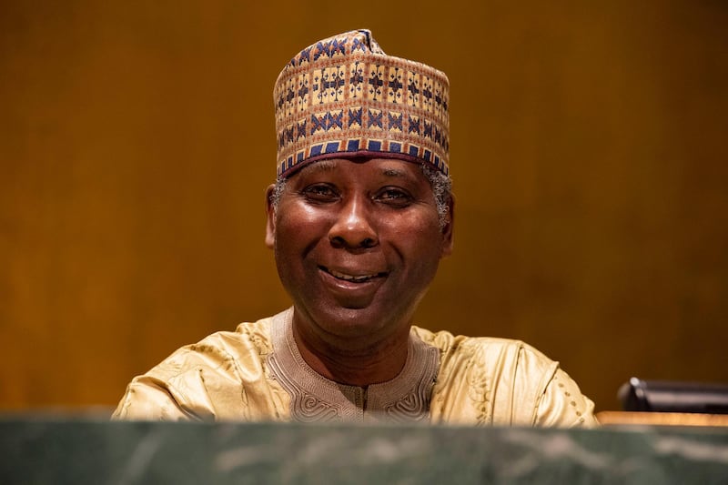 Tijjani Muhammad-Bande, President of the seventy-fourth session of the United Nations General Assembly, poses for a photo in the General Assembly Hall.
15 May 2020. UN Photo/Evan Schneider