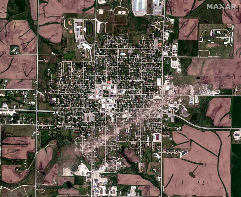 A satellite view damaged in the aftermath of a deadly tornado in Greenfield, Iowa, US. Reuters