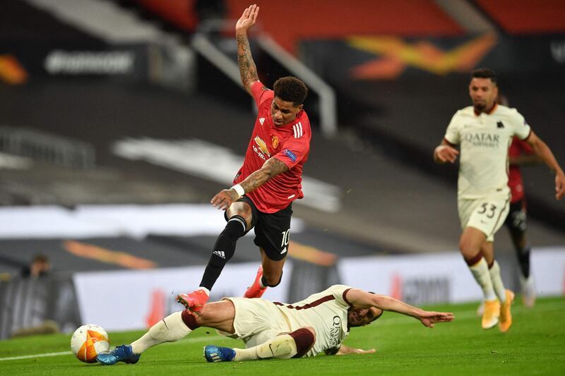 Marcus Rashford 7 - 50th European game and made runs which created space for others – something his manager admired. Sill, a more limited impact on the right. His cross for Cavani led to penalty. Didn’t shine like the Uruguayan – or Pogba or Fernandes, but he will on another day. AFP