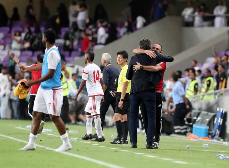 Al Ain, United Arab Emirates - August 29th, 2017: UAE manager Edgardo Bauza celebrates the win during the World Cup qualifying game between UAE v Saudi Arabia. Tuesday, August 29th, 2017 at Hazza Bin Zayed Stadium, Al Ain. Chris Whiteoak / The National