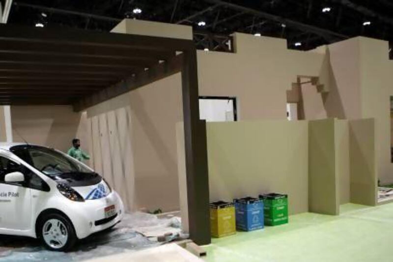 Work is being completed on the Estidama-compliant house constructed by Sorouh at the WFES in Abu Dhabi. Sammy Dallal / The National