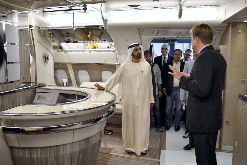 Sheikh Mohammed tours the interior design area for the A380 fleet. Wam