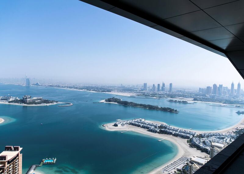 DUBAI, UNITED ARAB EMIRATES. 18 JANUARY 2021. 
Dubai skyline seen from St Regis hotel on the Palm Jumeirah.
(Photo: Reem Mohammed/The National)

Reporter:
Section: