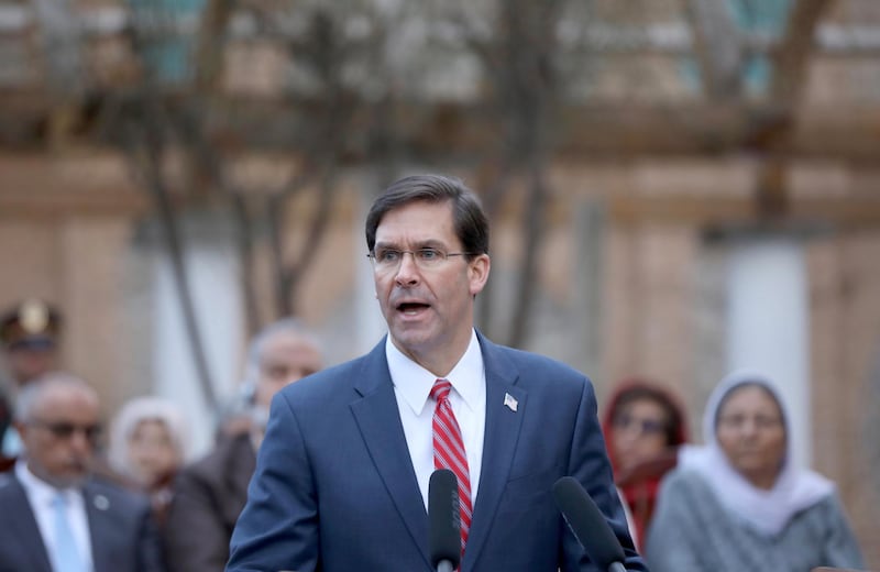 US Secretary of Defence Mark Esper attends a joint press conference with Afghan President Ghani and NATO Secretary General Stoltenberg on the declaration of a peace deal to be signed between the US and the Taliban, at the presidential palace in Kabul, Afghanistan. EPA