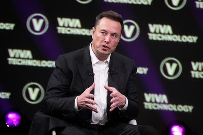 Elon Musk, who owns Twitter, Tesla and SpaceX, speaks at the Vivatech fair in Paris. AP