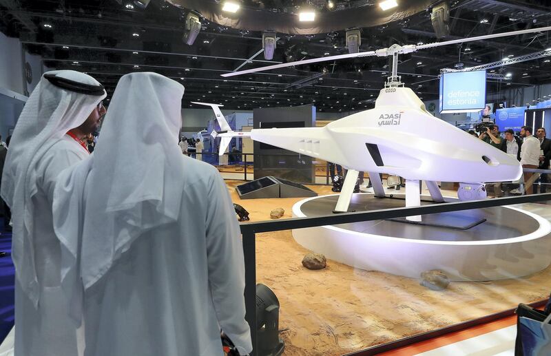 ABU DHABI, UNITED ARAB EMIRATES , Feb 23  – 2020 :- Visitors looking at Garmousha drone by Adasi on the first day of the UMEX & SimTEX held at Abu Dhabi National Exhibitions Centre in Abu Dhabi. (Pawan  Singh / The National) For News/Online/Instagram.  Story by Kelsey Warner 
