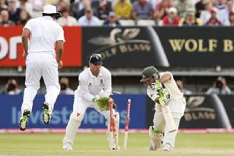 The Australia captain Ricky Ponting is dismissed by a big, turning delivery from the England off-spinner Graeme Swann.