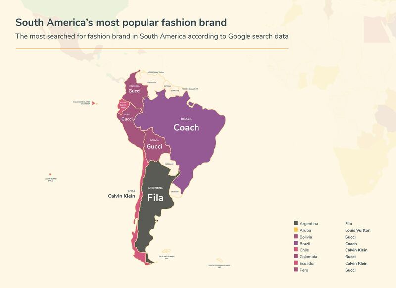 A map showing the most searched-for fashion brands across South America. Courtesy Money.co.uk