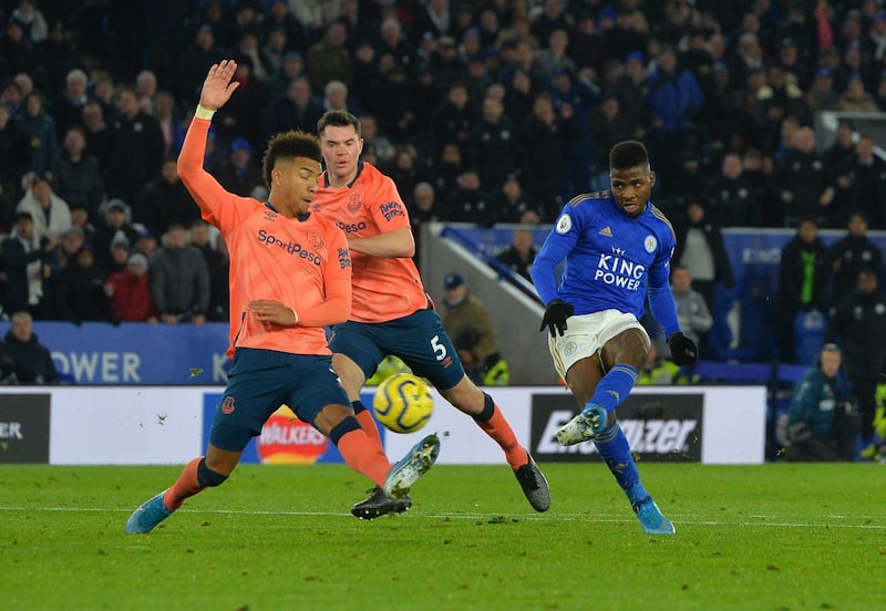 LEICESTER, ENGLAND - DECEMBER 01: Kelechi Iheanacho of Leicester City scores the second goal for Leicester City during the Premier League match between Leicester City and Everton FC at King Power Stadium on December 1st, 2019 in Leicester, United Kingdom. (Photo by Plumb Images/Leicester City FC via Getty Images)