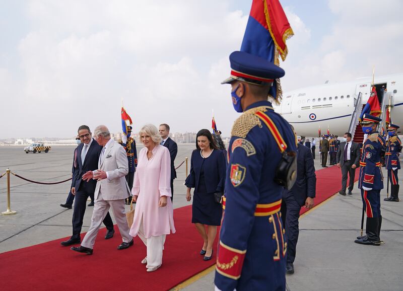 Prince Charles and Camilla were met at Cairo airport by Gareth Bayley, the UK ambassador to Egypt, and his wife, Sara Fawcett.