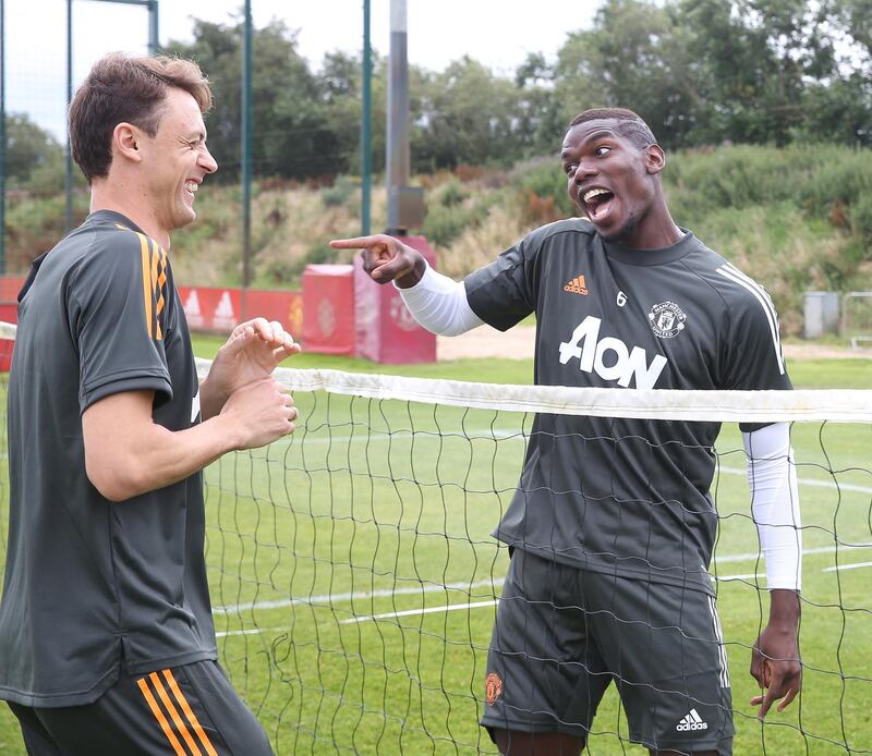 MANCHESTER, ENGLAND - JULY 24: (EXCLUSIVE COVERAGE) Nemanja Matic and Paul Pogba of Manchester United in action during a first team training session at Aon Training Complex on July 24, 2020 in Manchester, England. (Photo by Matthew Peters/Manchester United via Getty Images)