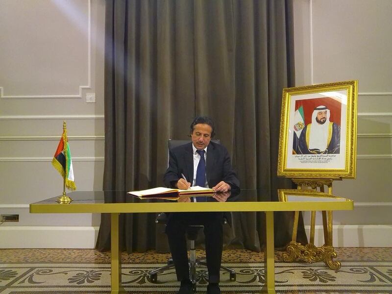 In Rome, ambassador Omar Obaid Al Shamsi accepted the condolences of Sheikh Azzam Al Sabah, ambassador of Kuwait to Italy, and Dr Ahmed Baomar, Oman’s ambassador to Italy. Photo: UAE Embassy in Rome