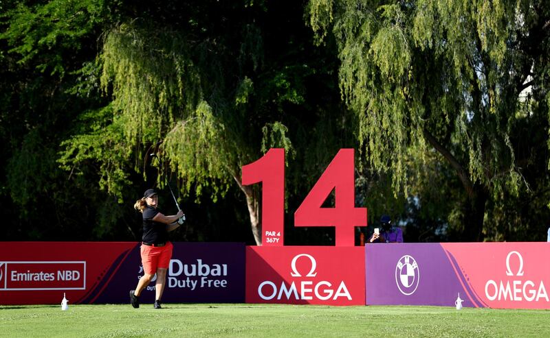 Swedish golfer Caroline Hedwall plays her tee-shot on the 14th hole on Day 2 of Omega Dubai Moonlight Classic at Emirates Golf Club on Thursday, November 5. Getty