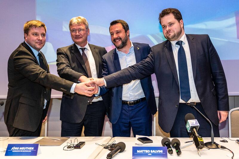 Left to right, Olli Kotro, a candidate for the Finns, Joerg Meuthen, co-leader of Alternative for Germany (AfD), Matteo Salvini, Italy's deputy prime minister, and Anders Vistisen, candidate for the Danish People's Party, pose for a photograph during the launch of an alliance of nationalist parties to take on the European Parliament elections, in Milan, Italy, on Monday, April 8, 2019. Salvini lashed out at the European Union, saying the organization has betrayed its core principles and does more to hinder its citizens than to help them. Photographer: Federico Bernini/Bloomberg