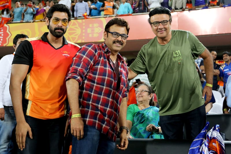 Actor Venkatesh with Rana Daggubati, left, and music director Anu Malik during the match between Sunrisers Hyderabad and Mumbai Indians in Hyderabad on April 18, 2016. Sportzpics / IPL