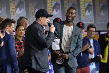 President of Marvel studios Kevin Feige welcomes actor Mahershala Ali on stage during the Marvel panel, as it is confirmed he will be taking the title role in an upcoming 'Blade' reboot on day three of Comic-Con International: San Diego on Saturday, July 20, 2019. AFP